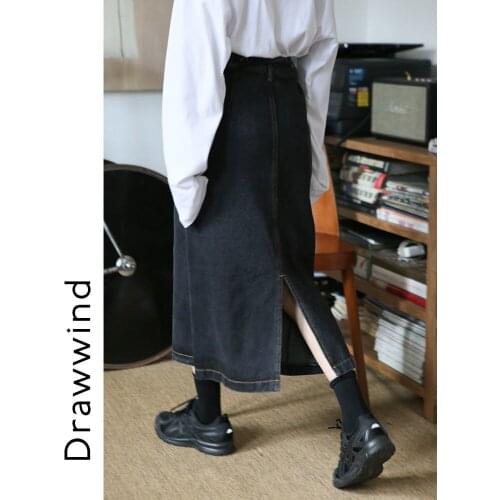 Retro Long Midi Denim Skirts Women High Waist Button Pockets Split Jeans Straight Skirts Plus Size Korean Summer 2020 Bottoms