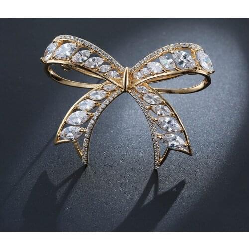 Diamond Flower 14K Soild Gold Brooches for Women Classic Bowknot Anniversary voal Diamond Jewelry Christmas Luxury Brooch Pins