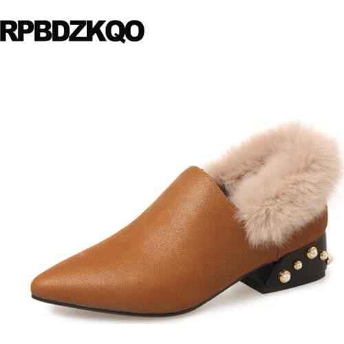 Fashion shoes brand european thick stud low heels fur yellow pointed toe block designer 2019 ladies genuine leather size 33