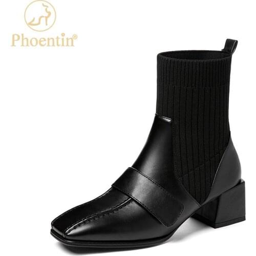 Phoentin Womens Elegant Square toe Sock Boots Knitted patchwork Ankle boots Autumn Winter new short boot plus size 43 FT1707