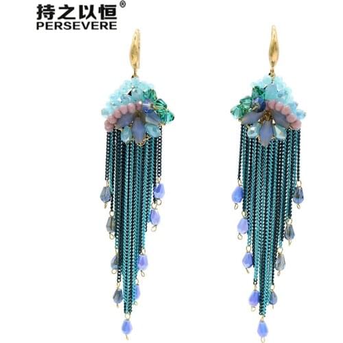Trendy Indian Chain Tassel Earrings Hand Made Crystal Drop Long Earrings For Women Boho Statement Earrings Fashion Jewelry