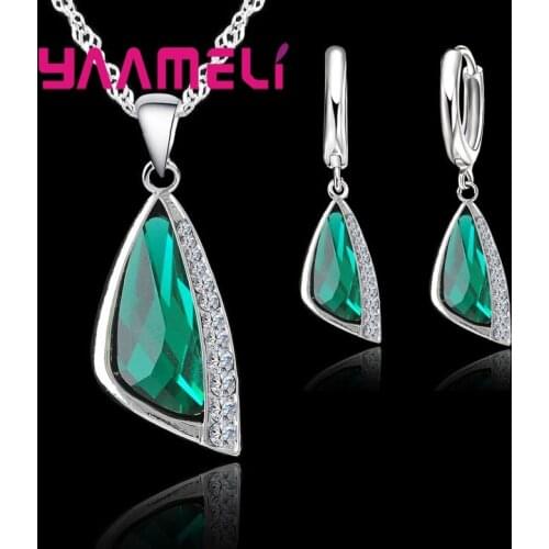 925 Sterling Silver Women Bridal Jewelry Sets Fashion Green Cubic Zirconia Pendant Necklace Earrings Set For Engagement