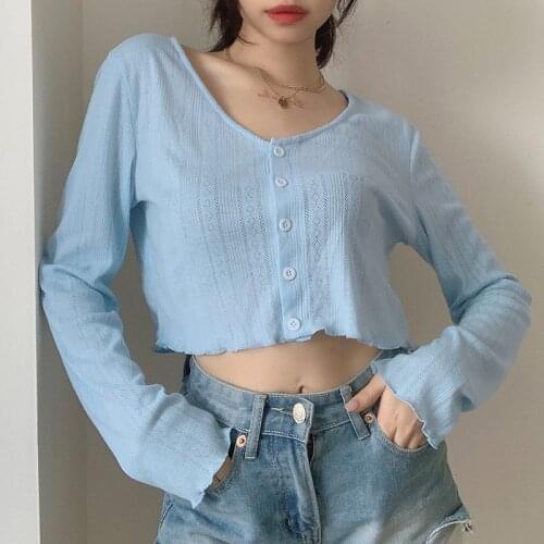 2021 Women Casual Button Down Crop Tops Long Sleeve V Neck Solid Color Loose Blouse Cardigan for Daily Wear Street Vacation