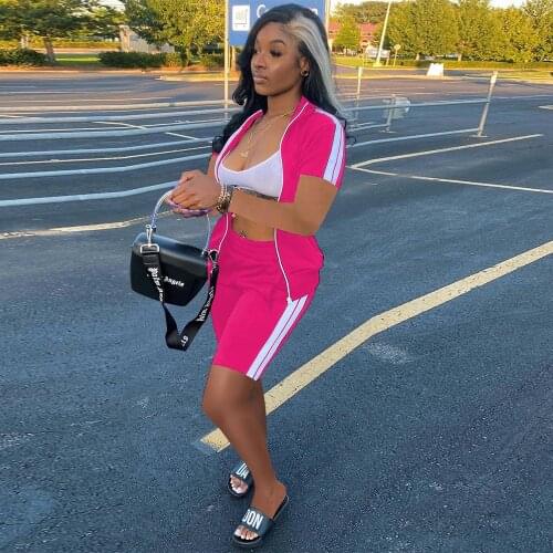 Side Striped Splicing Two Piece Sweatsuit for Women Casual Short Sleeve Zipper Up Coat+workout Short Hipster Female Clothes