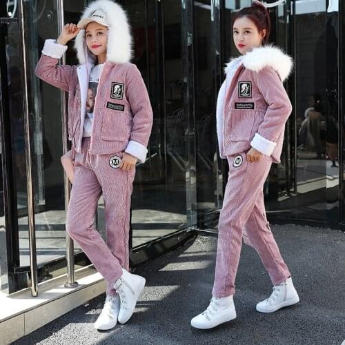 2020 Winter New Women Hooded Tracksuits Suit Plus Velvet Thickening Fur Collar Warm Coat Casual Long Pants Corduroy 2 Piece Sets