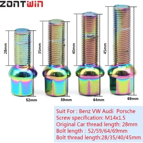 5/16/20Pieces 28/35/40 / 45mm alloy steel material forged wheel bolt M14 x 1.5 ball mouth