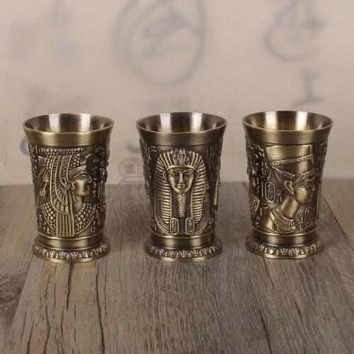 3 Pcs Egypt Antique Bronze Copper Cup 3D Relief Shot Glass Wine Liquor Spirits Cleopatra Rameses Rah Vidro Verre a vin Cocktail