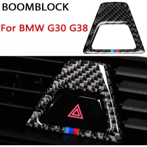 BOOMBLOCK Car Warning Light button cover Decoration carbon fiber sticker frame for BMW 5 series G30 G38 528li 530li 540li 2018