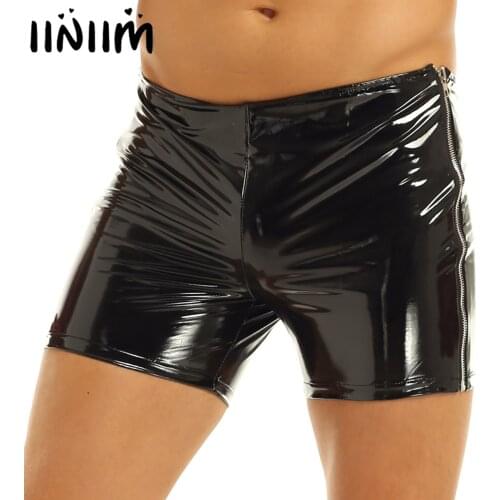 Black Men Shiny Glossy Patent Leather Boxer Short Pants Low Rise Elastic Slim Fit Side Zipper Hot Shorts Sexy Party Club Costume