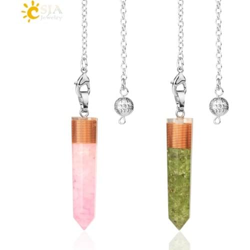 CSJA Hexagon Pillar Pendulum for Dowsing Natural Crystal Chips Stone Resin Poured Geometry Pendant Divination Wicca Pendule G615