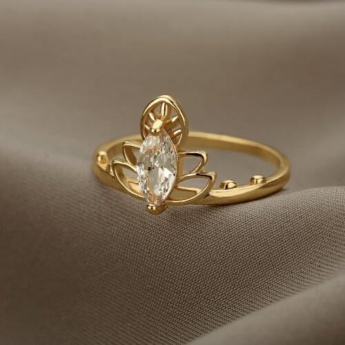 ICFTZWE 2021 Zircon Flower Rings For Women Stainless Steel Gold Silver Plated Couple Ring Trendy Engagement Jewelry Party Gift