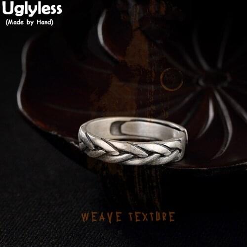 Uglyless Real S 990 Fine Silver Jewelry Ethnic Handmade Weave Texture Twisted Rings Women Vintage Thai Silver Finger Ring Bijoux