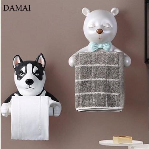 Creative Animal Tissue Holder Siberian Husky Decorative Paper Towel Roll Organizer Restroom Wall Bracket Bathroom Decoration