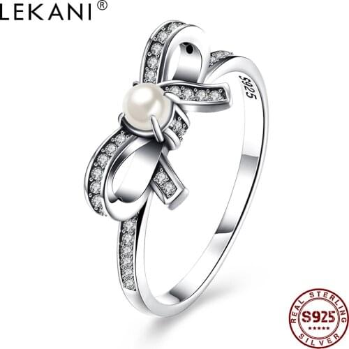 LEKANI Real 925 Sterling Silver Vintage Bowknot Rings Women 5A Cubic Zirconia With Elegant Imitation Pearl Ring Fine Jewelry