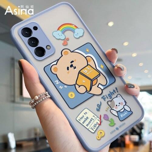 ASINA Matte Transparent Case For OPPO Reno 2 3 4 5 Pro Cute Cartoon Hard PC Cover Bumper For Realme X7 Find X3 Lite Bear Capa