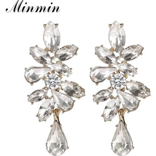 Minmin Cute Gold / Silver Color Crystal Flower Wedding Earrings Women Bridal Party Teardrop Drop Earrings Fashion Jewelry EH1704