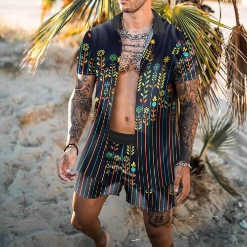 Men Fashion Hawaiian Sets Printing 2021 Summer Short Sleeve Button Shirt Beach Shorts Streetwear Casual Mens Suit 2 Pieces 4XL