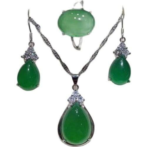 Natural Ice Colored Chalcedony Jewelry Three-Piece Silver Jade Inlaid Ring Earring Pendant Green Crystal Set