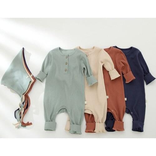 2021 New Fashion Spring Autumn Infant Baby Boy Girl Solid Color Romper+Hat 2PCS Long Sleeves Jumpsuit Outfit Toddler Baby Romper