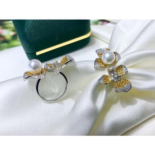 Flower 925 Sterling Silver Ring Finger Ring Base Settings Adjustable Ring Findings Jewelry Parts Fittings Accessories for Pearls