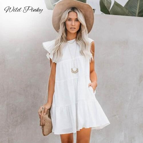 WildPinky 2021 New Boho Style A-line Ruffles White Summer Dress Women Vacation Beach Sleeveless Elegant Mini Dress Vestidos