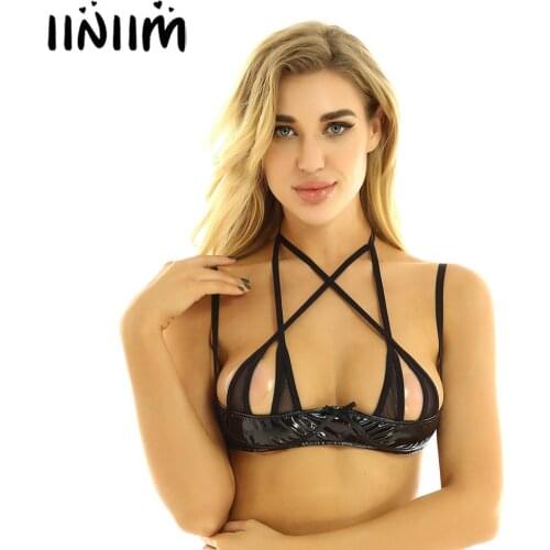 Sexy Lingerie Women Hot Porno Bandage Bra Wetlook Leather Push Up Bustier Erotic Open Cup Mini Bra Top Adjustable Shelf Bralette