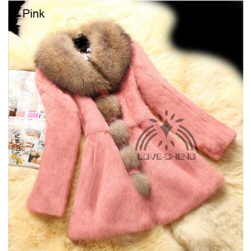 Genuine natural real whole skin Rabbit Fur Coat with raccoon fur collar Women fashion Winter full pelt Waistcoat