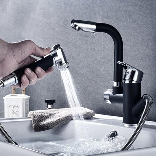 Basin Faucet Fashion Brass Black Basin Sink Faucet Bathroom Basin Faucet Pull Out Shower Head 360Rotation Mixer Taps Hot&Cold