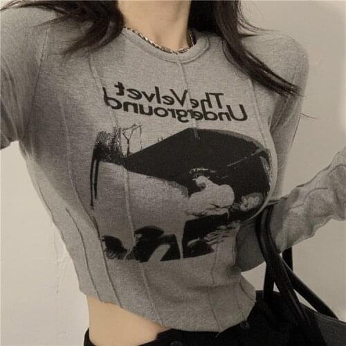 Graphic Print Cropped Tops 90s Vintage Women Long Sleeve Skinny T-shirt Y2K Female Autumn Basice Tees Harajuku Streetwear