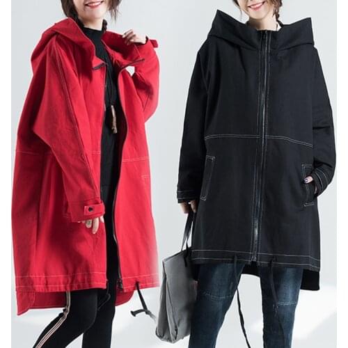 Hooded Windbreaker Female Streetwear Red Black Vintage BF Large size Long-sleeved Outwear Loose Casual Womens Long Trench Coats