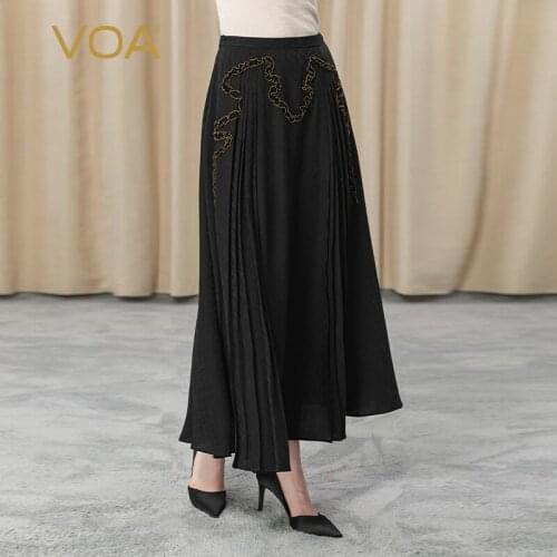 VOA Silk Jacquard Agaric Splicing Yellow Line Edging Pleated Stream Decoration Summer Long Skirt CE30 Faldas Mujer Moda 2021