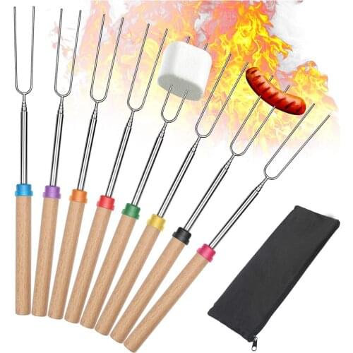 8P Extendable Stainless Steel Roasting Forks for BBQ Campfire Hot Dog Telescoping Camping Stove Fork Marshmallow Roasting Sticks