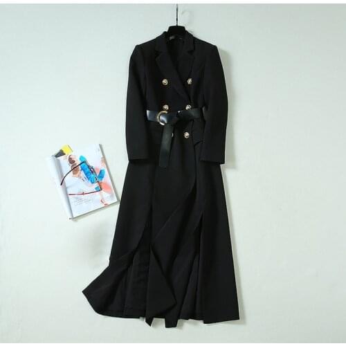 Newest HIGH QUALITY 2021 Fall Winter Designer Coat Womens Turn-Down Collar Double Breasted Cool Belt Black Long Coat Overcoat
