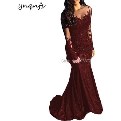 YNQNFS 2018 Hot Sale Lace Mother of the Bride Dresses Elegant Long Sleeves Burgundy Vestido Formal Dresses Party Gown MD340