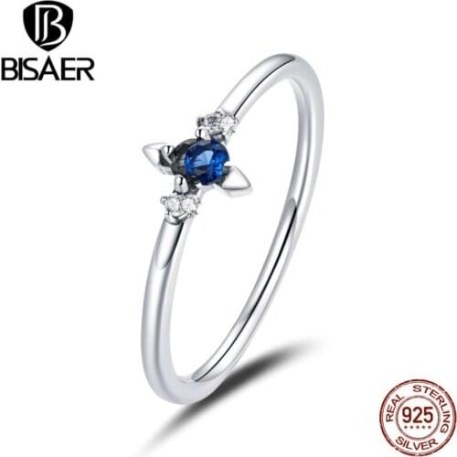 BISAER Real 925 Sterling Silver Simple Cross Rings For Women Blue Zircons Engagement Ring Jewelry Anel S925 ECR679