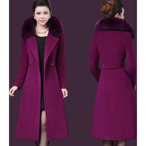 Lapel Fox fur collar Woman Wool Coat Jackets Fashion High-end Elegant Long Slim Winter Outwear Casaco feminino Plus Size f1613