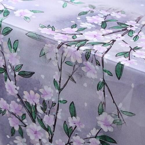 1 Meter x 1.08 Meter Pink Plum Green Leaf Digital Printing Stretch Satin Mulberry High Grade Silk Clothing Qipao Skirt Fabric
