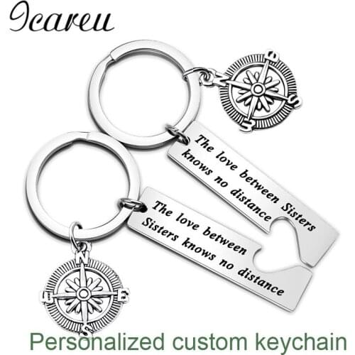 2 PCS/Lot Diy Personalized Hollow Heart Customized Keychain Women Compass Charms Jewelry Gifts For Sisters