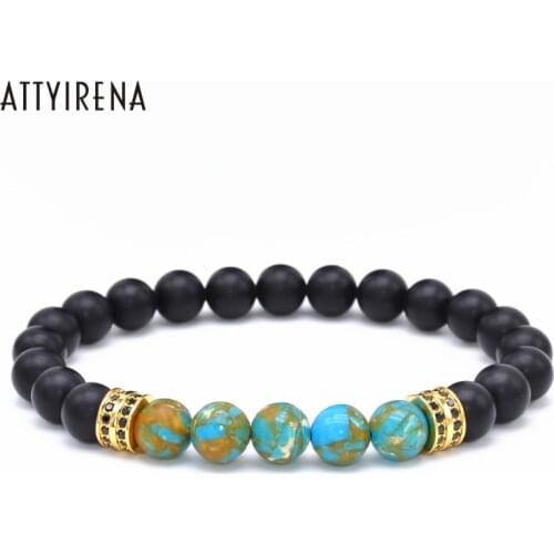 ATTYIRENA Charm Bracelet Natural Stone beads Copper Pave CZ Double Round 8mm Lucky Black Stone Trendy Classic Couple Bracelet