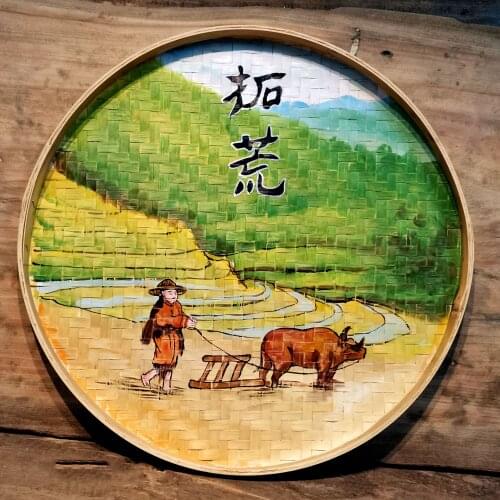 Bamboo Woven Hand Painted Dustpan Round Tray Retro Hotel Farmhouse Rural Farming Background Wall Holiday Village Decoration