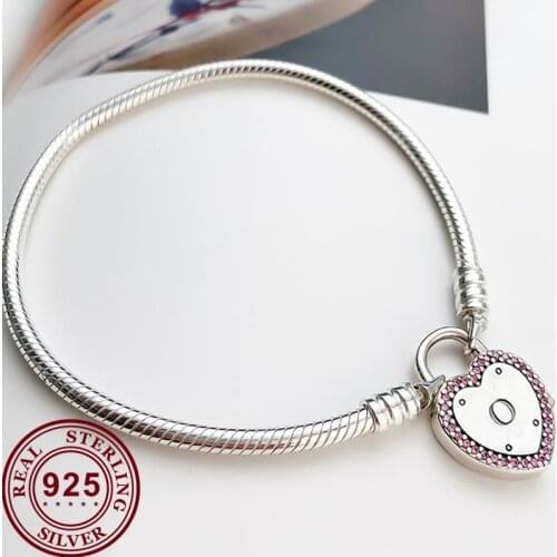 100% 925 брелок Silver Pan Bracelet Shiny Heart-shaped Chain Pan Bracelet Fit European Charm Bracelets Women Jewelry