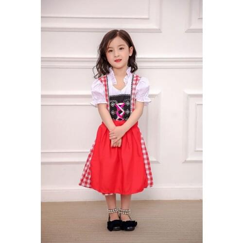 3-10 Years Bavaria Oktoberfest Dirndl Costume Toddler Child Lace-Up Plaid Apron Dress Embroidery Puff Sleeves For Kid Girls