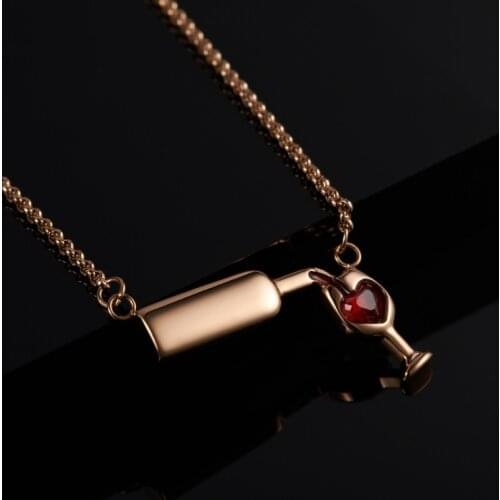 WAWFROK Love Wine Women Pendant Necklace Woman Necklace & Pendant Stainless Steel Cubic Zirconia Unique Design Chain Jewelry