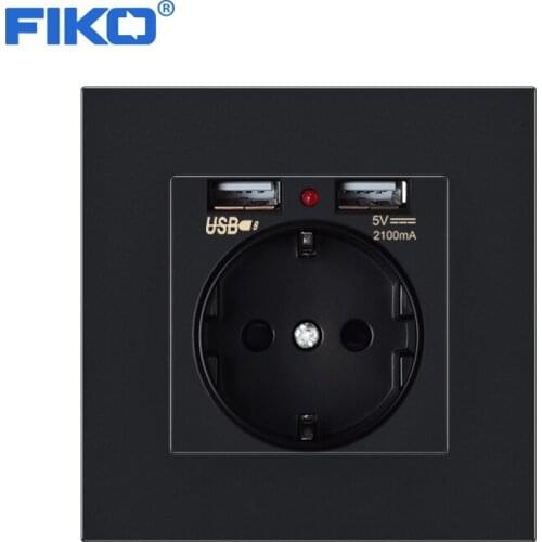 FIKO EU power socket,Socket With USB,16A 250V dual usb 5V 2A White/Black Flame Retardant PC Panel 86m'm*86m'm wall socket