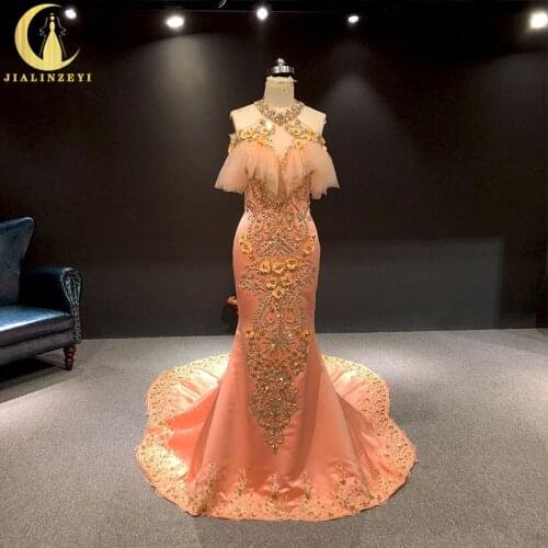 JIALINZEYI Real Picture Orange Halter Crystal Luxurious Floor Length Formal Dresses Party Evening Dresses