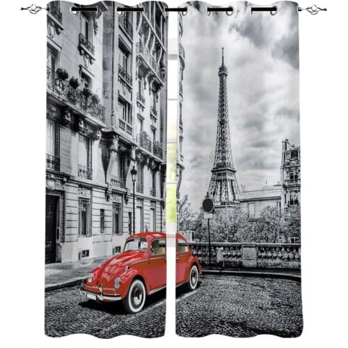 Red Vintage Car Paris Tower Street Window Curtains for Living Room Bedroom Kitchen Modern Curtains Home Decoration Drapes Blinds