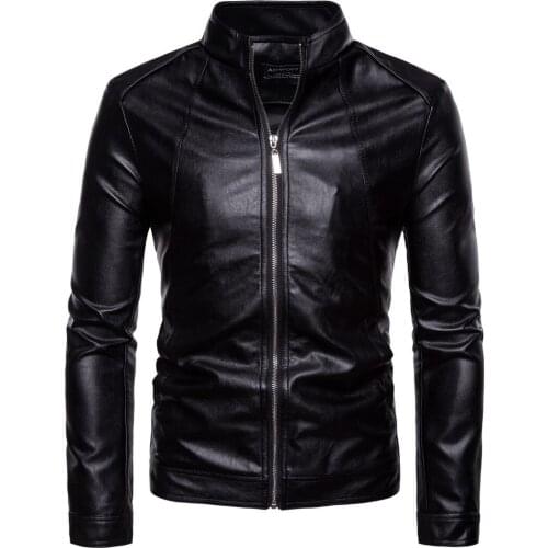 Spring Fall 2021 New Collar Male Locomotive Leather Fashion Pure Color Washed PU Leather Jacket