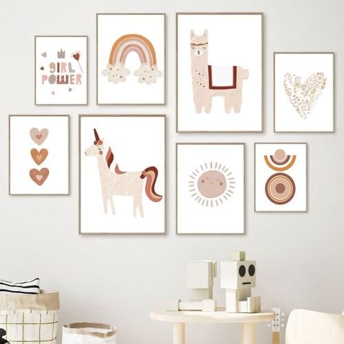 Kawaii Alpaca Rainbow Sun Unicorn Nursery Wall Art Canvas Painting Nordic Baby Poster And Prints Wall Pictures Kids Room Decor