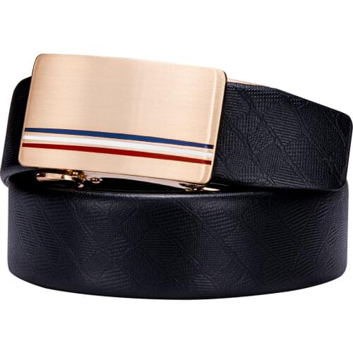 Men Cowhide Belt Black Leather Waist Belt Gold Automatic Slide Buckle Removable Buckle Striped Strap Belt for Male Barry.Wang