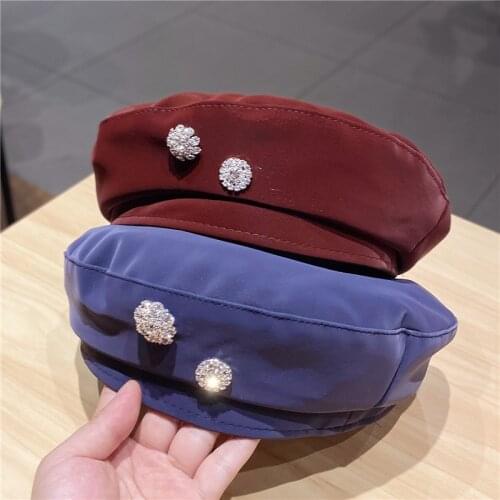 New Women Pure Color French Artist Wild British PU Leather Beret Design Rhinestone Fashion Retro Painter Ladies Hat Gorros
